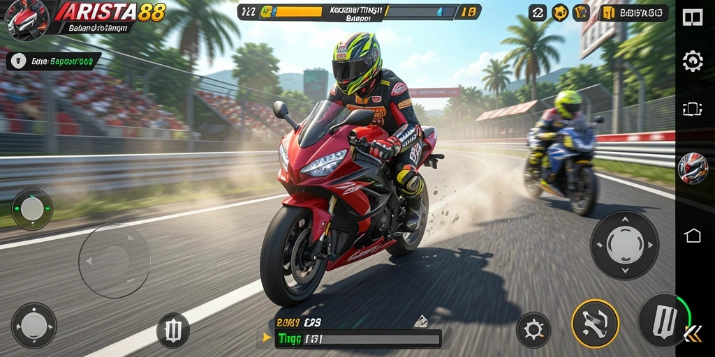 Tampilan gameplay ARISTA88 dengan balapan motor yang memukau.