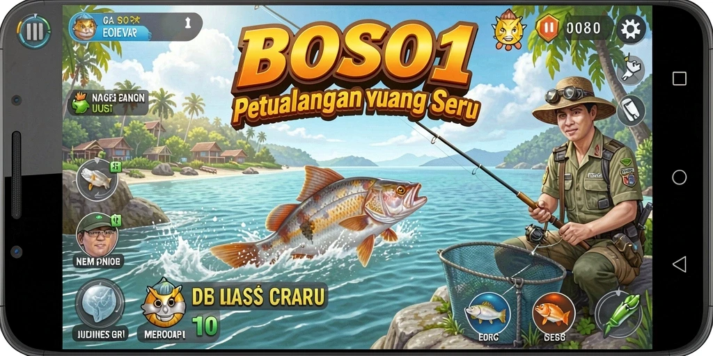 Screenshot utama BOS01 menampilkan aksi memancing yang mendebarkan di laut.
