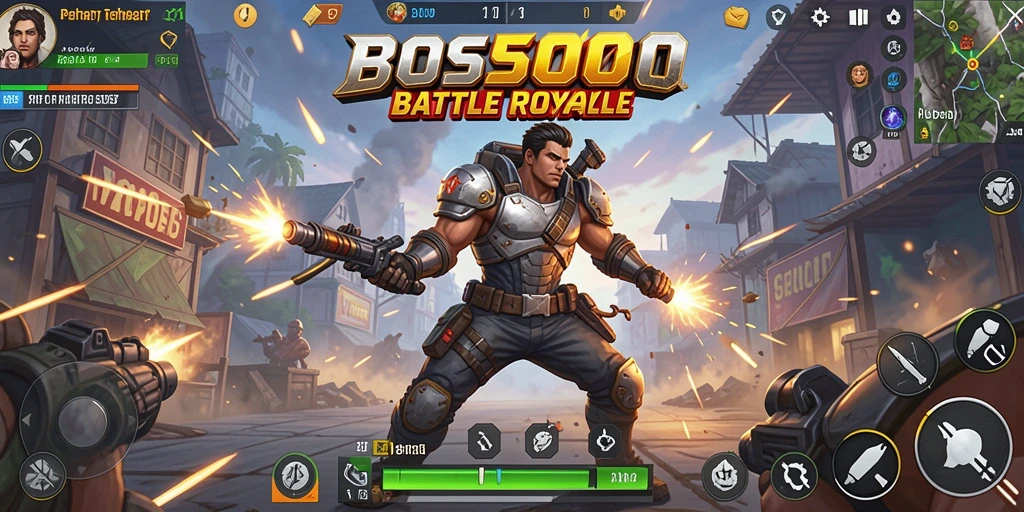 Screenshot gameplay menegangkan BOS5000, menampilkan aksi Battle Royale yang intens.