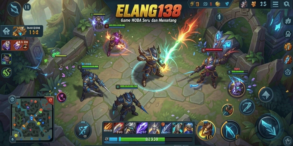 Screenshot menampilkan pertarungan seru dalam game MOBA ELANG138.