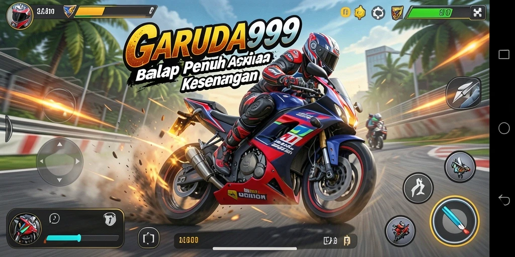 Screenshot gameplay GARUDA999 yang menampilkan aksi balap motor yang mendebarkan.