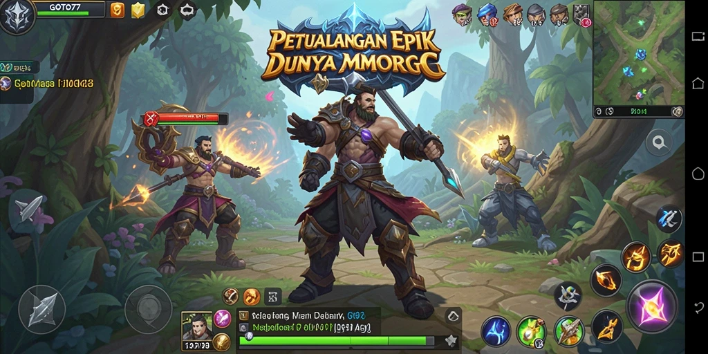 Tampilan gameplay <strong>GOTO77</strong> dengan pertempuran epik di dunia fantasi.