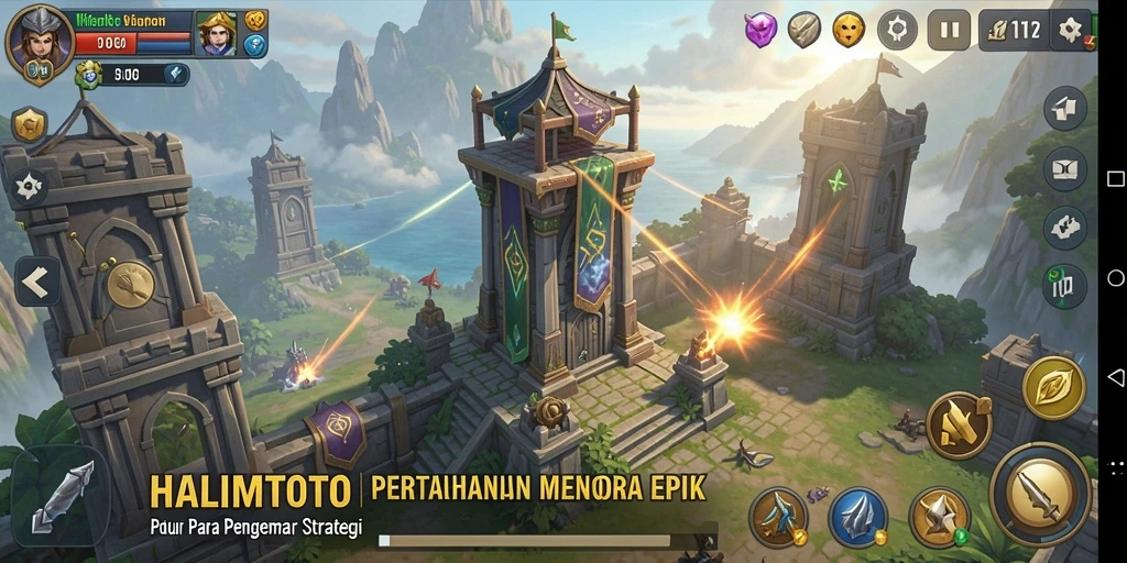 Tangkapan layar HALIMTOTO menunjukkan aksi menara bertahan melawan gelombang musuh.