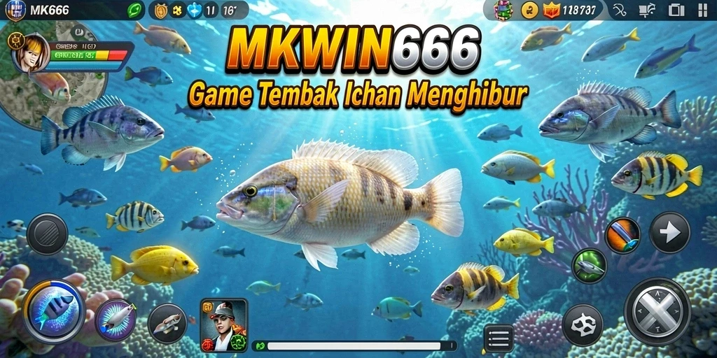 Tampak permainan seru Tembak Ikan MKWIN666 dengan banyak ikan untuk ditembak.