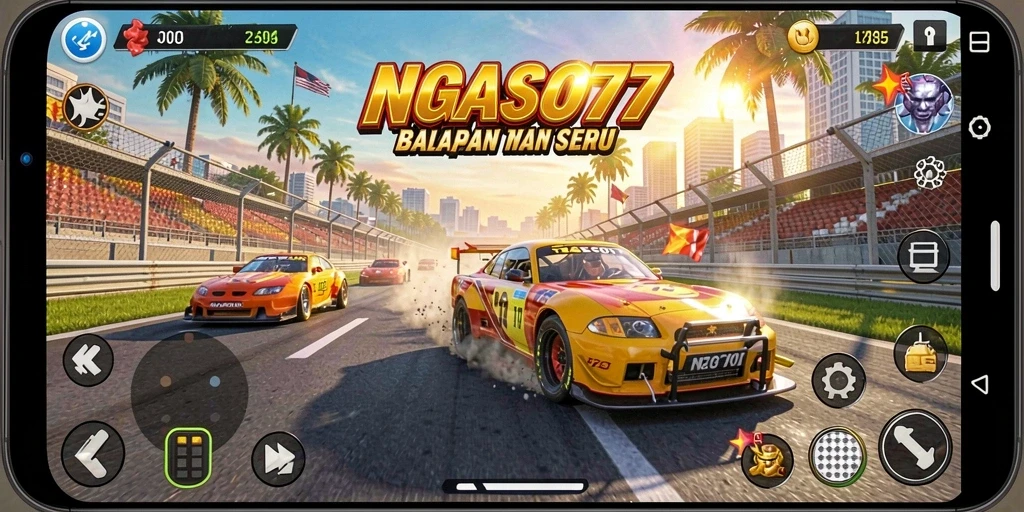 Screenshot gameplay NGASO77 menunjukkan aksi balapan yang mendebarkan.