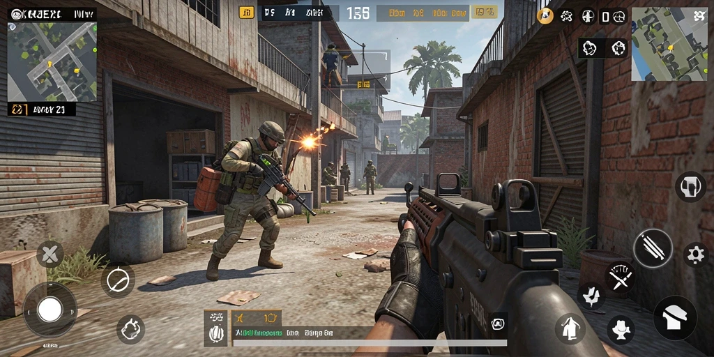 Tampilan gameplay intens OKJEK21 dengan aksi tembak-menembak yang seru.