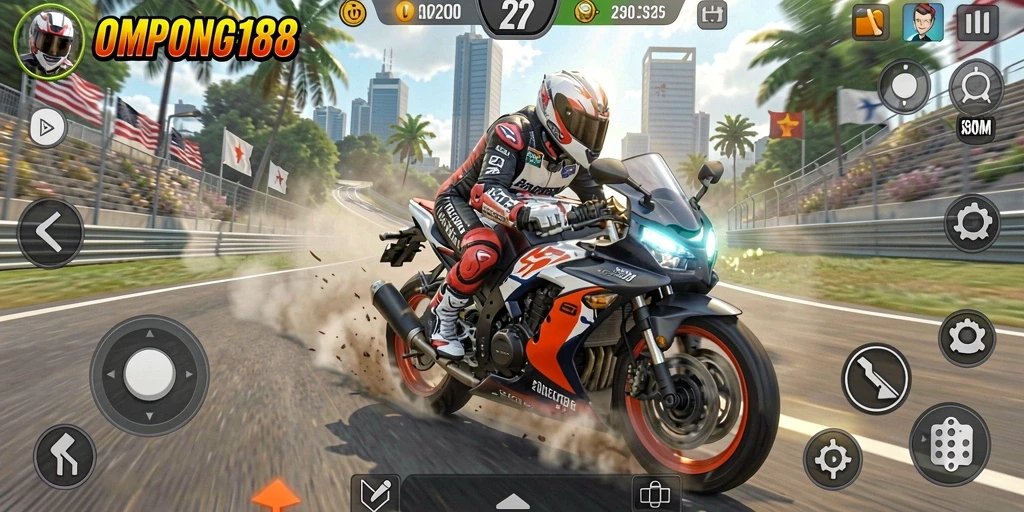 Gameplay OMPONG188 menampilkan balapan sepeda motor yang seru dan mendebarkan.