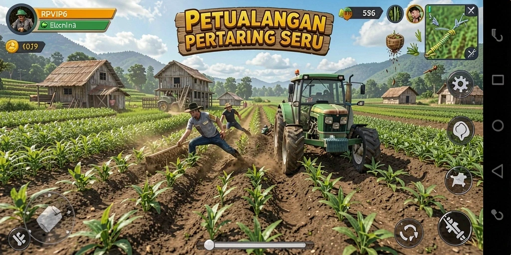 Screenshot gameplay RPVIP6 menampilkan lahan pertanian yang subur dan penuh warna.